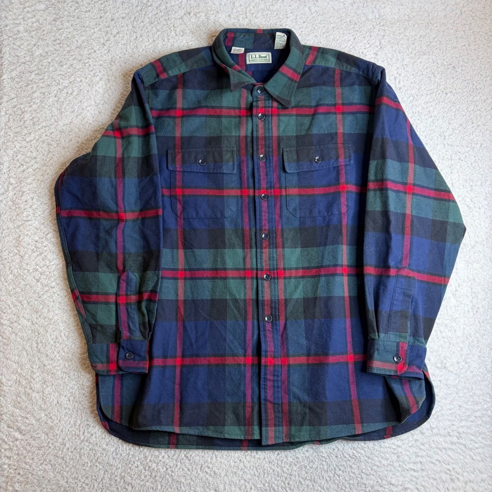 90s LL Bean Chamois Cloth Shirt Mens XL Blue Green Red Plaid Flannel Button Down